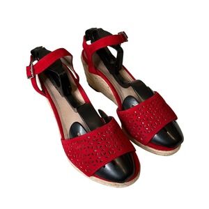 Vionic Ariel Suede Red Espadrille Wedge Sandals Laser Cut Coquette Summer Boho